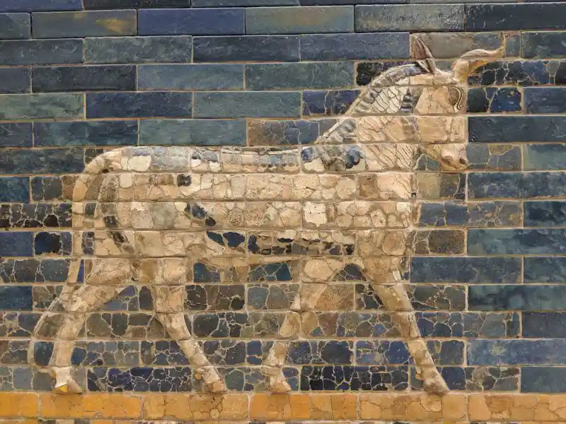 Auroch, a kind of ancient bull on the tower and archway of Ishtar Gate, Pergamon Museum, Museum Island, Berlin.